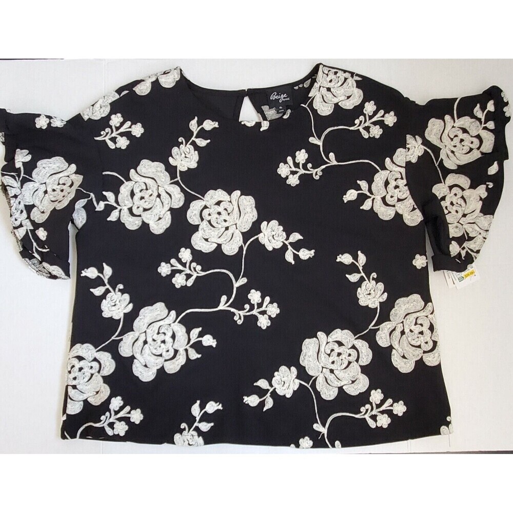 Beige Eci Roses Blouse Embroidered Womens‎ XL Flare Sleeves Party Black - Picture 2 of 13